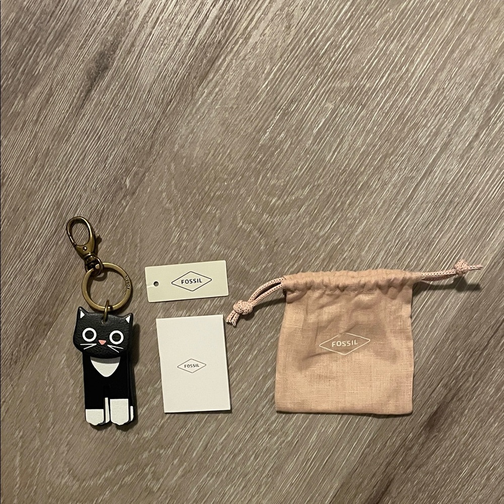 Fossil Black and White Cat Keychain for Purse